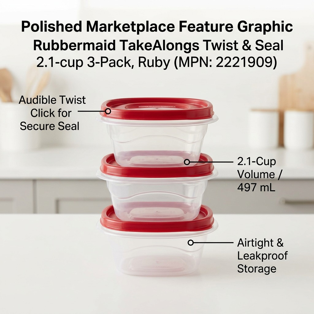 Stacked Rubbermaid Twist & Seal containers with callouts showing audible twist click, 2.1-cup volume, and airtight seal.