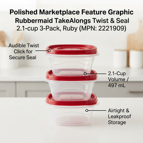 Stacked Rubbermaid Twist & Seal containers with callouts showing audible twist click, 2.1-cup volume, and airtight seal.