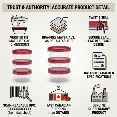 Product confidence infographic for the Rubbermaid Twist & Seal containers with factual cues.