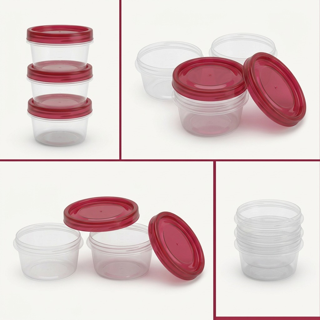 A grid showing three rubber red food containers in various stacked and nested configurations against a neutral background.
