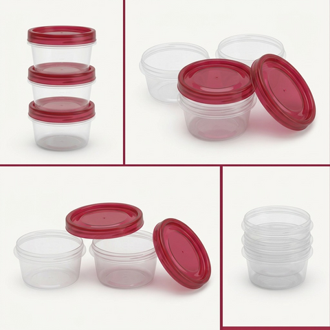 A grid showing three rubber red food containers in various stacked and nested configurations against a neutral background.