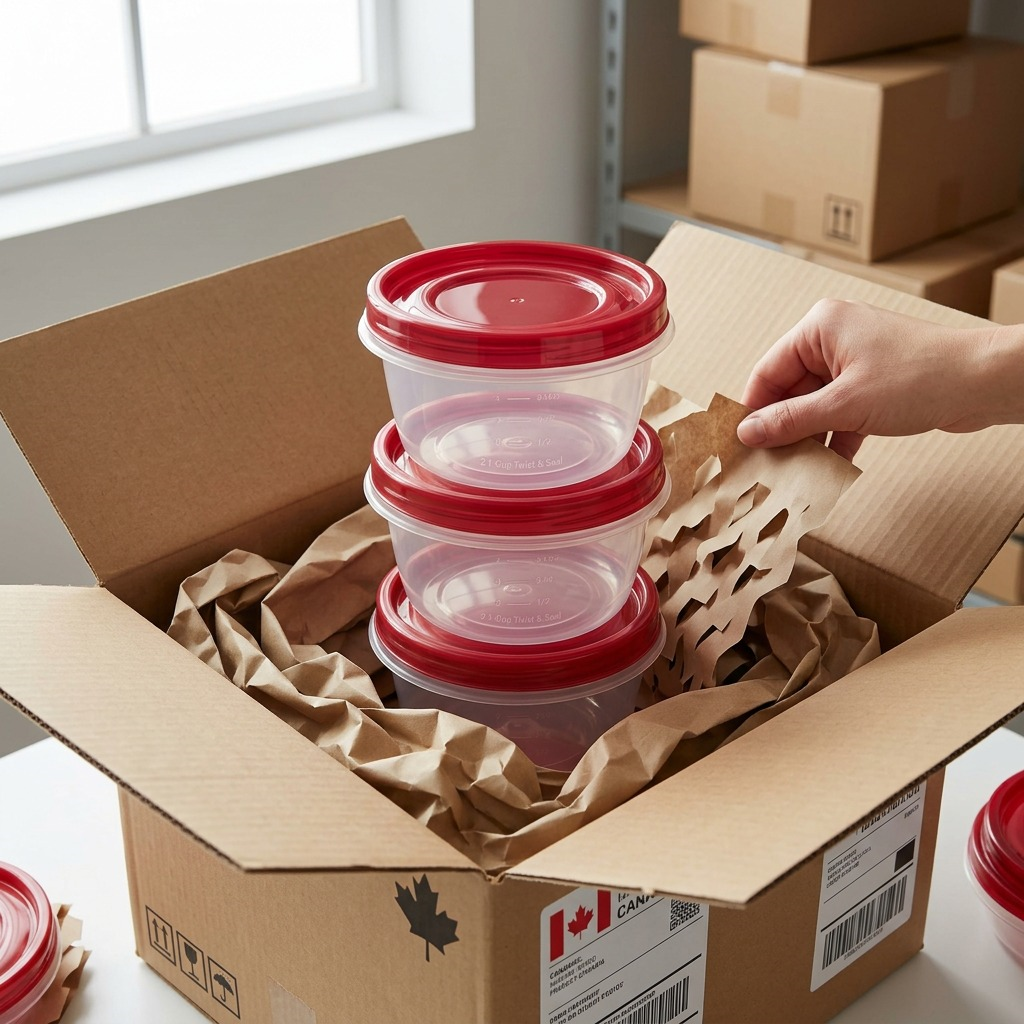 A premium unboxing view of three stacked, intact Rubbermaid TakeAlongs with ruby lids, settled in pristine paper padding.