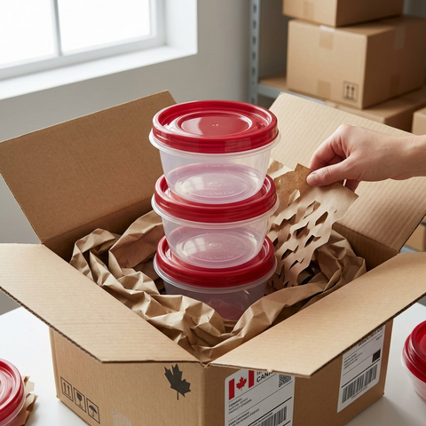 A premium unboxing view of three stacked, intact Rubbermaid TakeAlongs with ruby lids, settled in pristine paper padding.
