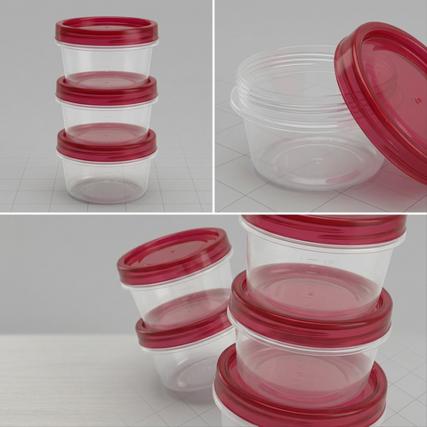 A product matrix image showing 3 clear perspective stacks of three red-lidded Rubbermaid TakeAlongs containers, each stack at a different distance to demonstrate depth and size variation against a subtle, clean grid floor pattern.
