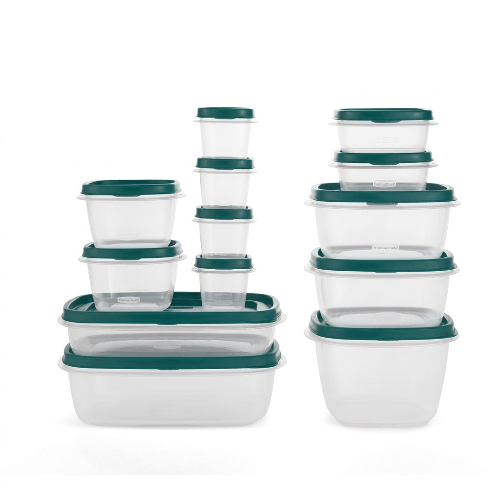 Rubbermaid 26-piece food storage set in Blue Spruce with nesting clear containers and vented lids.
