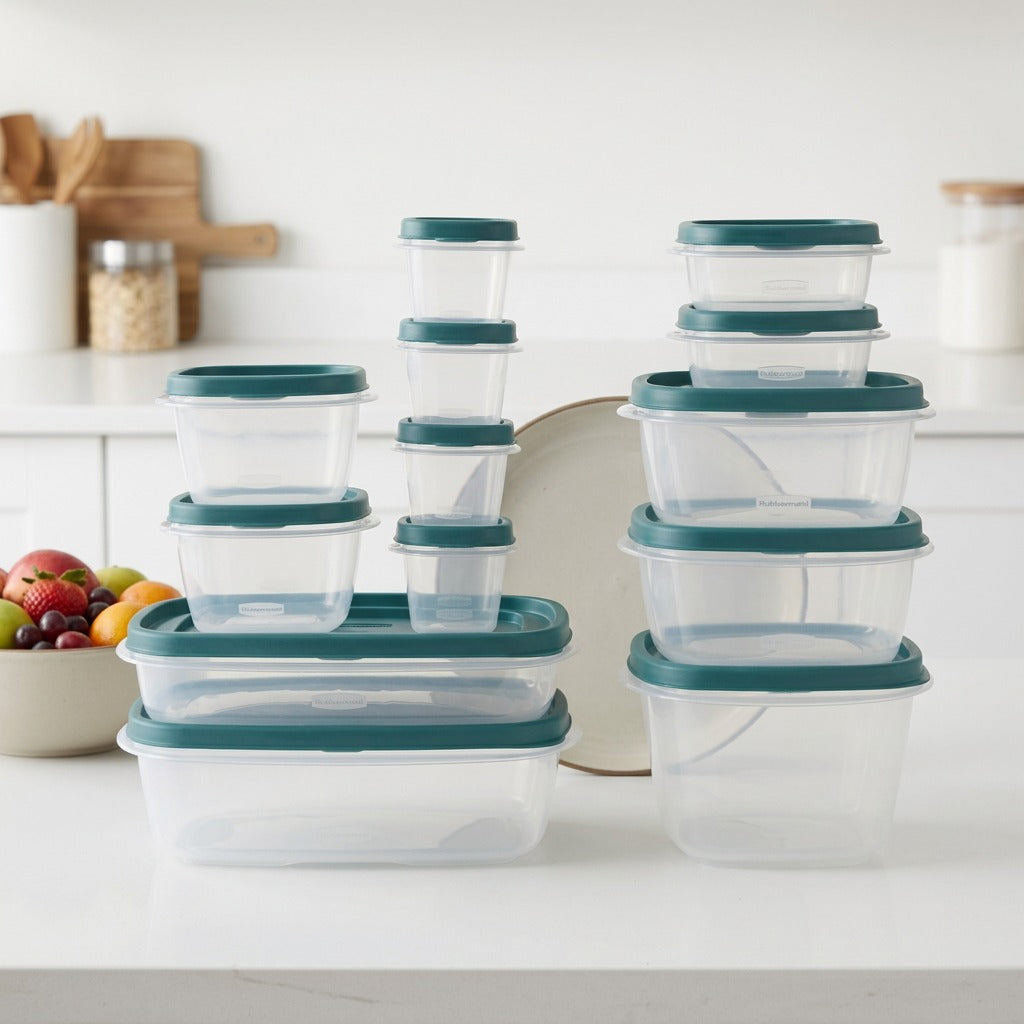 Rubbermaid 26-piece food storage set in Blue Spruce, stacked on a counter next to a dinner plate.