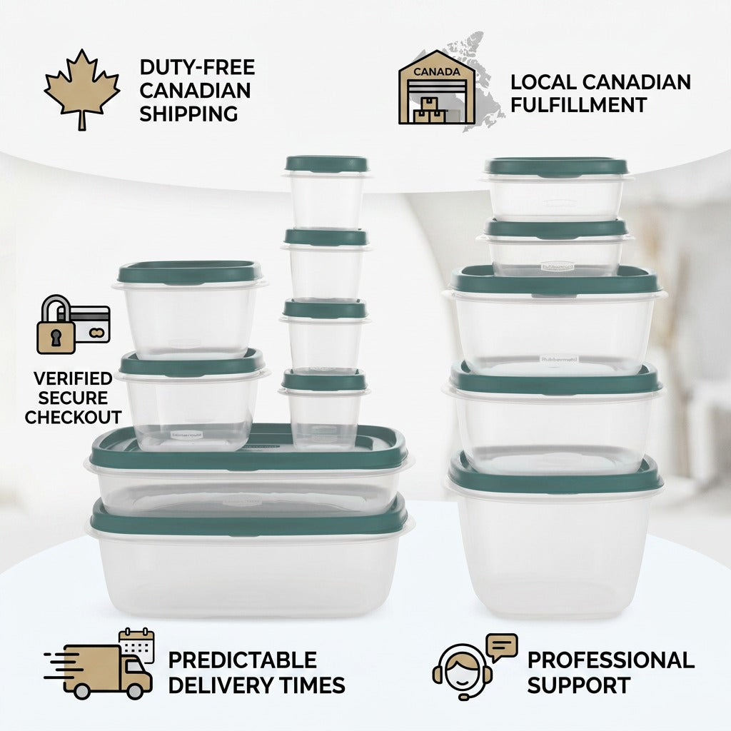 Rubbermaid 26-piece food storage set in Blue Spruce with Canadian shipping and support icons.