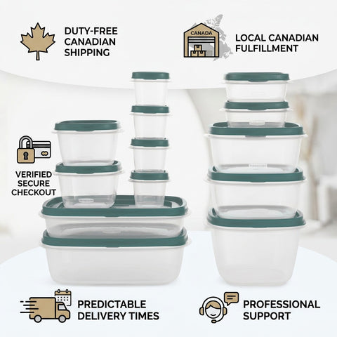 Rubbermaid 26-piece food storage set in Blue Spruce with Canadian shipping and support icons.