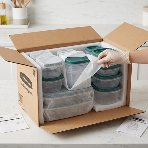 Unboxing a Rubbermaid 26-piece food storage set in Blue Spruce, securely packed in a shipping box.