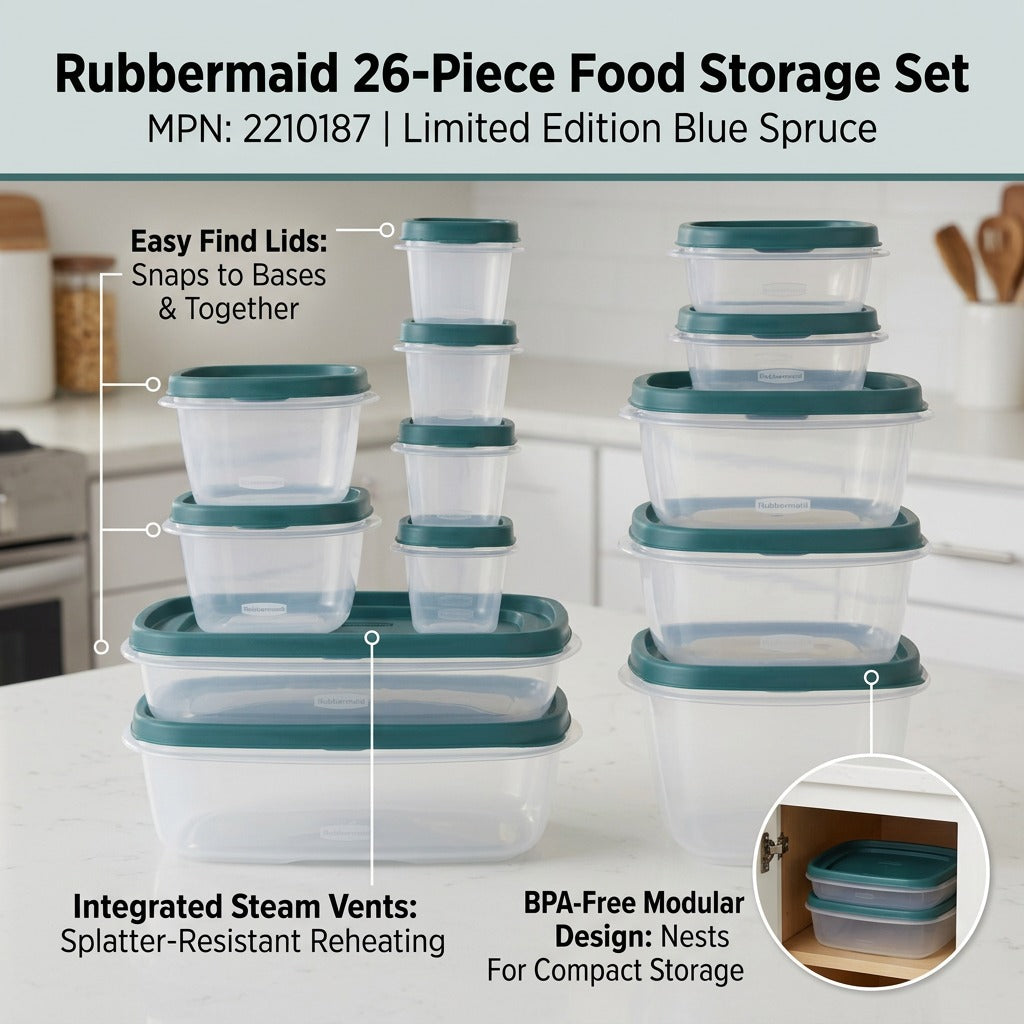 Rubbermaid 26-piece food storage set in Blue Spruce, featuring vented lids and a modular design.