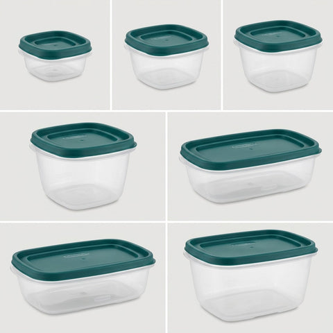 Grid showing various sizes of Rubbermaid food storage containers with Blue Spruce vented lids.