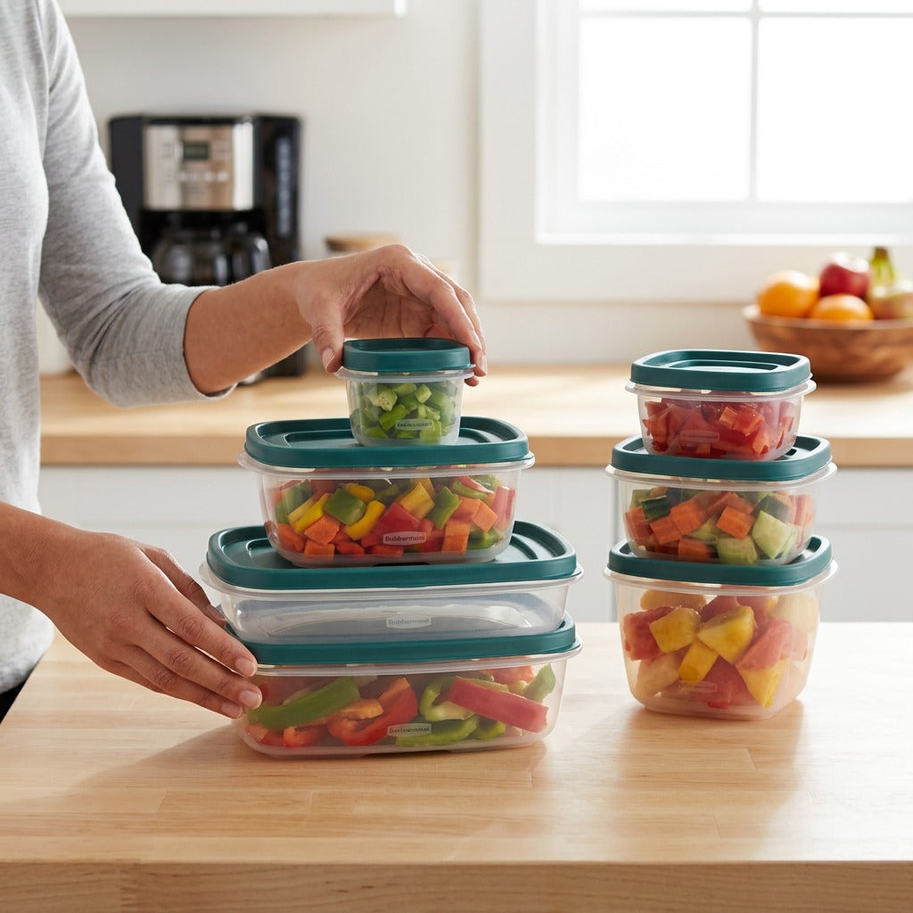 Person stacking Rubbermaid Blue Spruce food storage containers filled with fresh chopped vegetables.