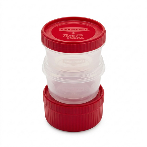 A high-resolution photo of three stacked, ruby-red Rubbermaid Twist & Seal 2.1C containers.