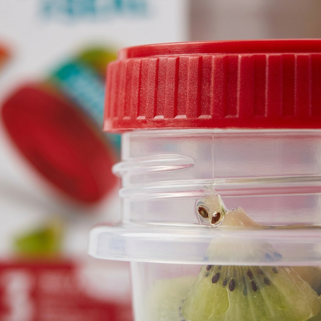 A macro view focusing on the deep plastic threads and ridged grip of the red Twist & Seal lid, showing a tight seal on the clear base against fresh kiwi pieces.