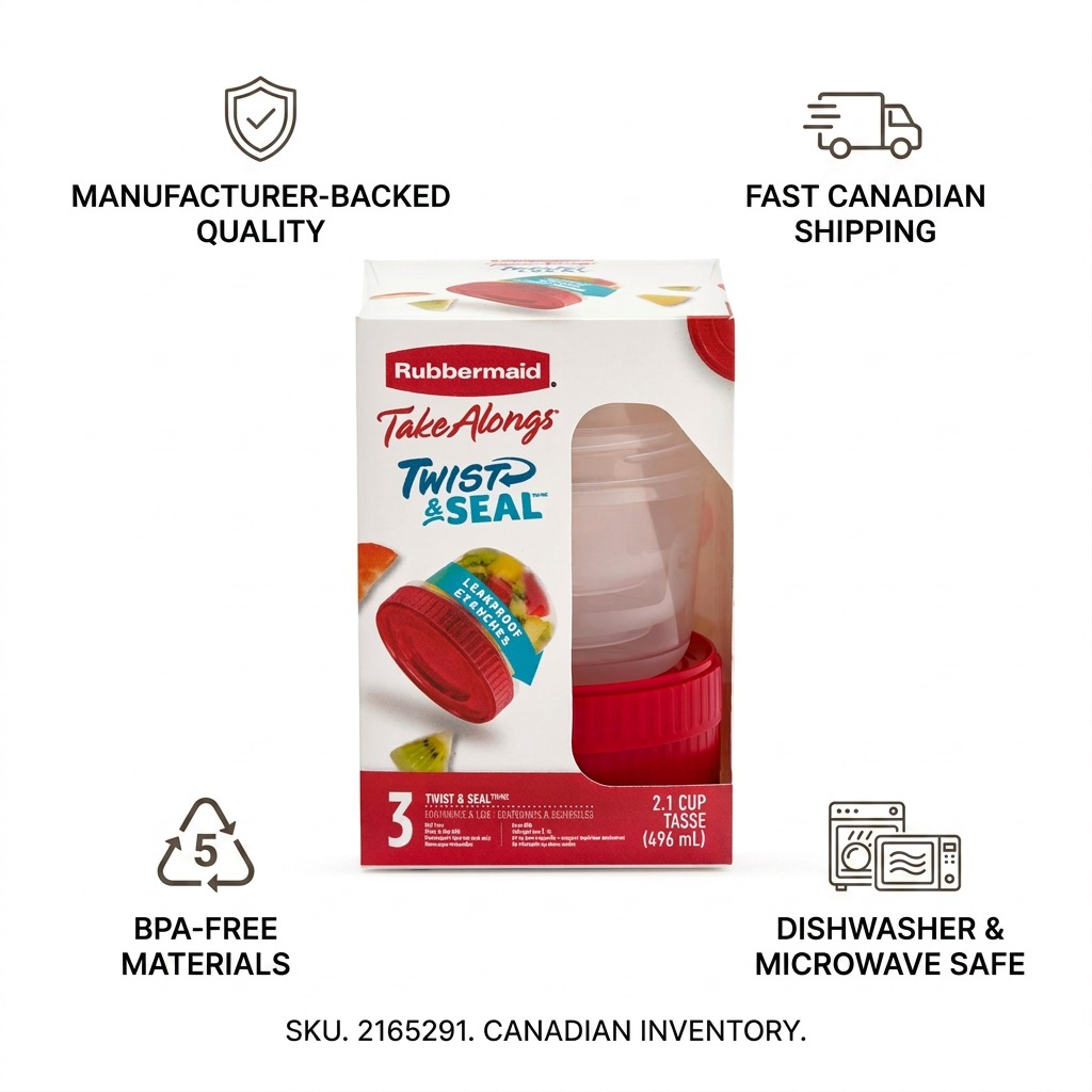 Trust and authority infographic with Rubbermaid food container 3-pack, featuring fast Canadian shipping and factual cues.
