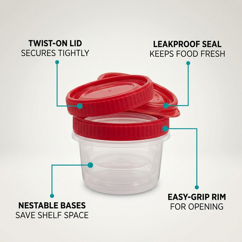 Operational features of Rubbermaid TakeAlongs with twist-on lid, leakproof seal, easy-grip rim, and nesting bases.