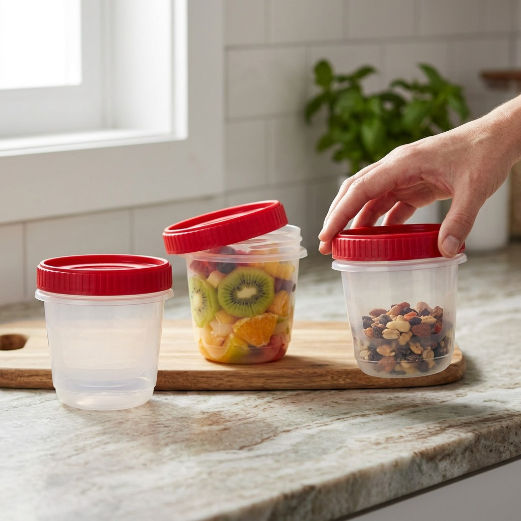 Lifestyle image showing three Rubbermaid Twist & Seal containers with red lids on a kitchen counter, holding fruits and snacks.
