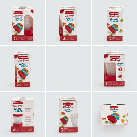 A grid-based comparison showing front, side, angled back views, and an open container detail of the Rubbermaid 2.1C/496ml Twist & Seal 3-pack.