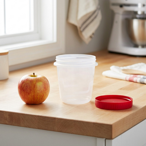 A scale reference image shows a 2.1C Rubbermaid container on a kitchen counter next to a red apple.