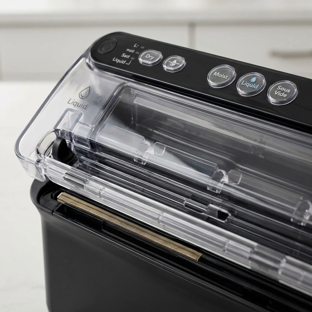 Detail view of FoodSaver Elite vacuum sealer control panel and liquid reservoir.
