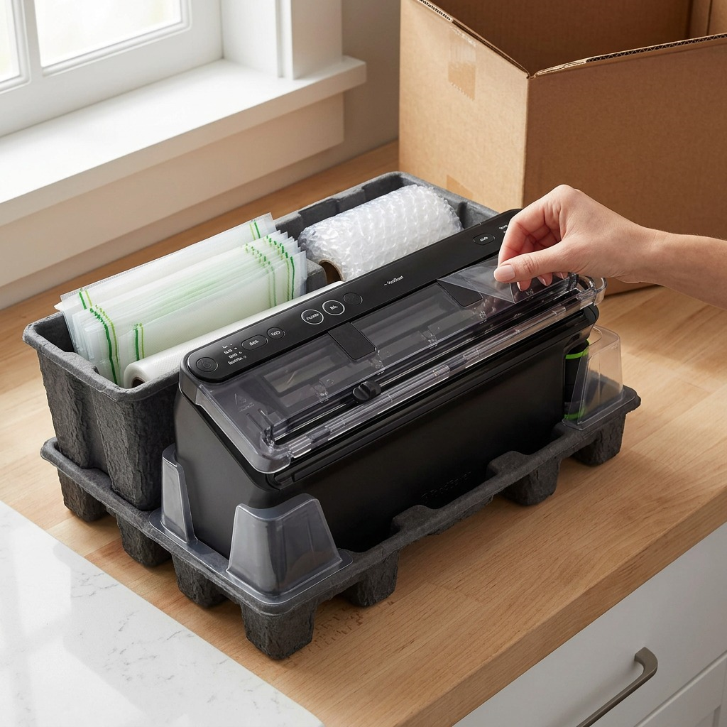 FoodSaver Elite vacuum sealer in protective molded pulp packaging during home unboxing.