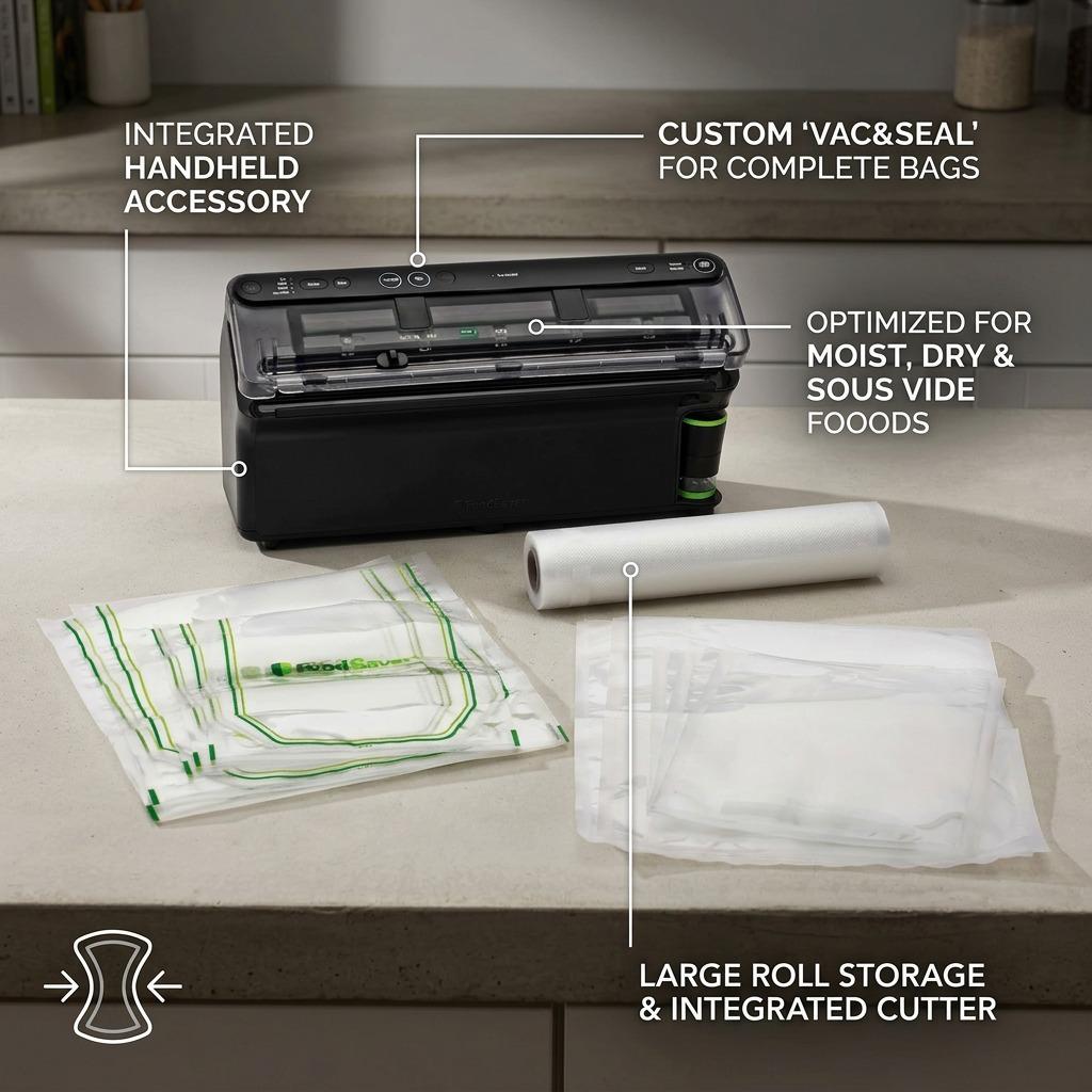 FoodSaver Elite (MPN: 2182315) operational callouts: handheld accessory, custom sealing, multi-mode optimized, and roll storage with cutter.