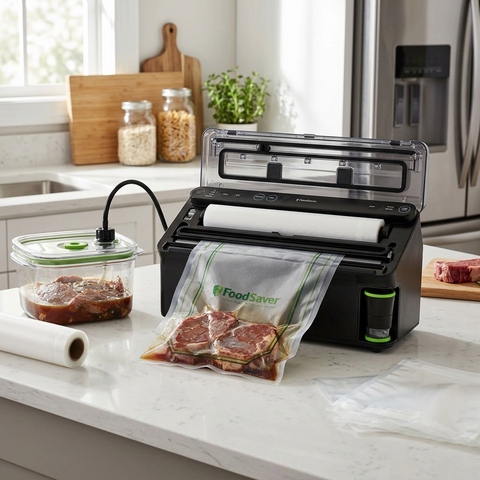 FoodSaver Elite All-in-One Liquid+ vacuum sealer in a kitchen sealing marinated meat for fresh storage.