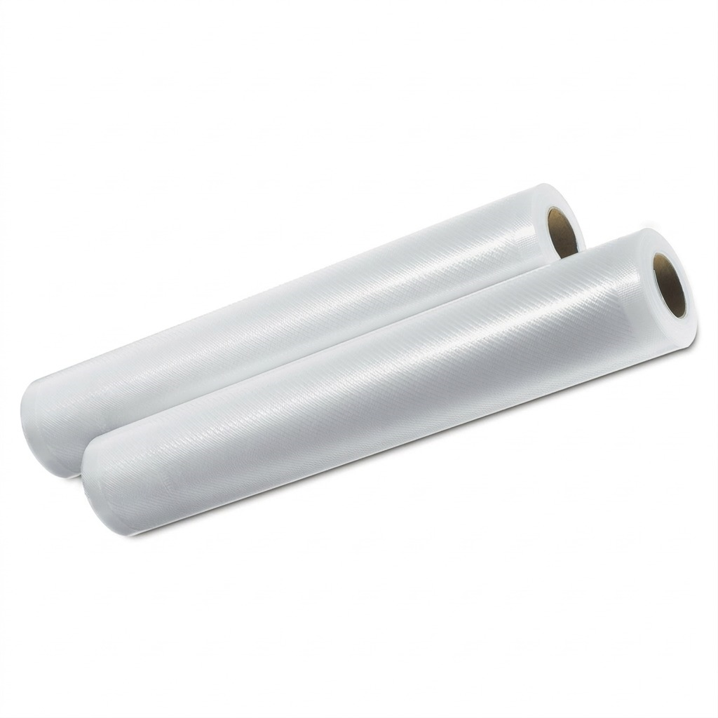 A high-resolution product shot of two 11-inch by 9-foot vacuum sealer bags on their cardboard cores. The clear material has a distinct micro-textured pattern. The product is centered against a pure white background with realistic lighting and a soft shadow, highlighting texture and material properties.