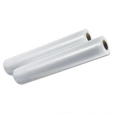 A high-resolution product shot of two 11-inch by 9-foot vacuum sealer bags on their cardboard cores. The clear material has a distinct micro-textured pattern. The product is centered against a pure white background with realistic lighting and a soft shadow, highlighting texture and material properties.