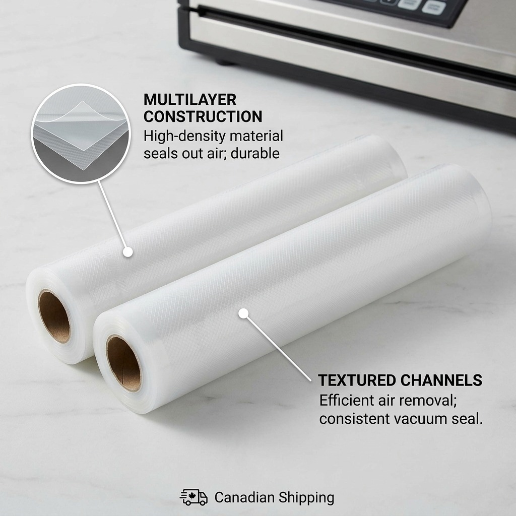Vacuum sealer bag rolls image with callouts for multilayer construction and textured channels.