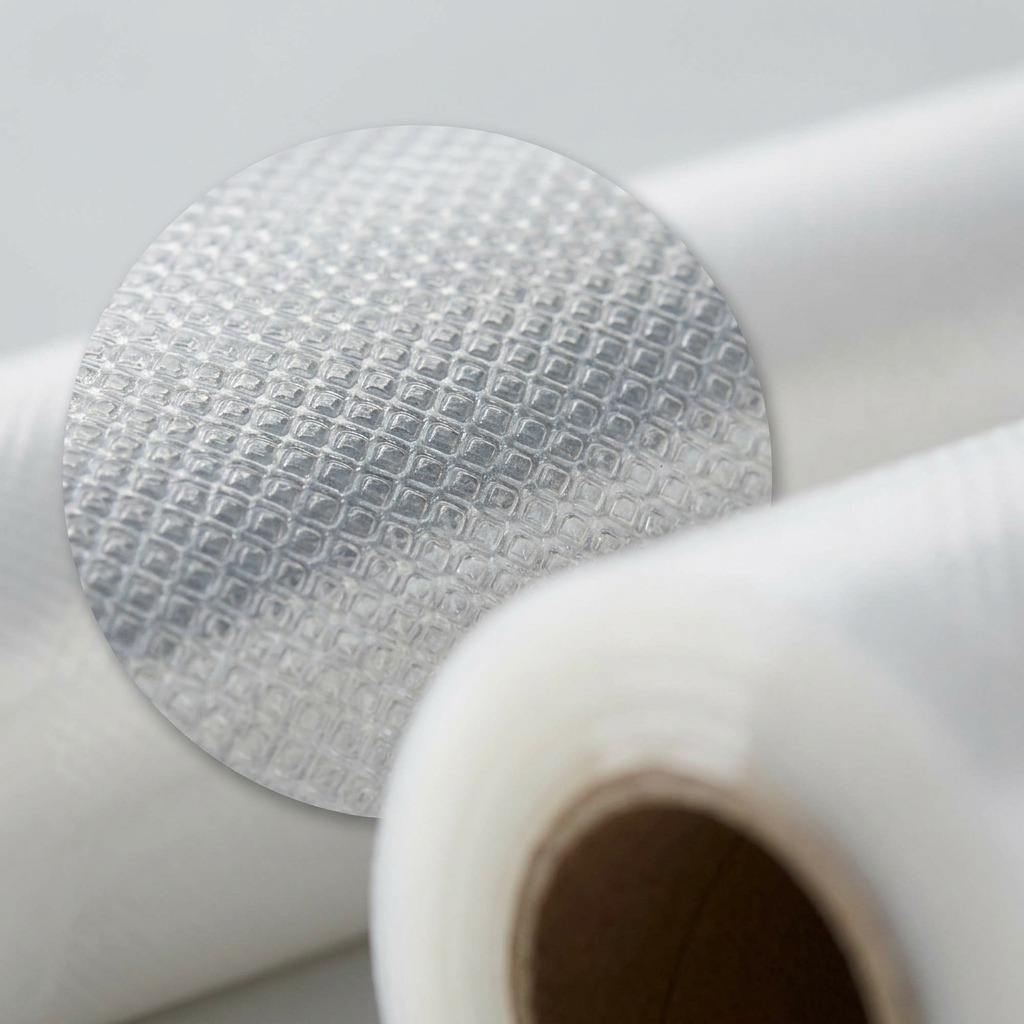 An extreme close-up view focusing on the embossed, textured mesh pattern on a clear, food-grade plastic vacuum sealer bag from the VSB2CNW 2-pack. The photo shows the regular pattern for air removal.