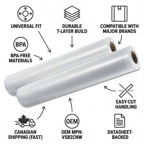 Infographic for Foodsaver Seal-A-Meal Vacuum Sealer Bags: features like 7-layer build and Canadian shipping.