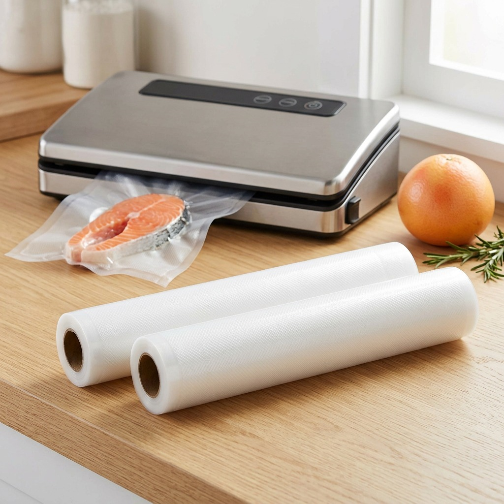 Two vacuum sealer bag rolls are shown next to a kitchen appliance for packaging food, indicating their use.
