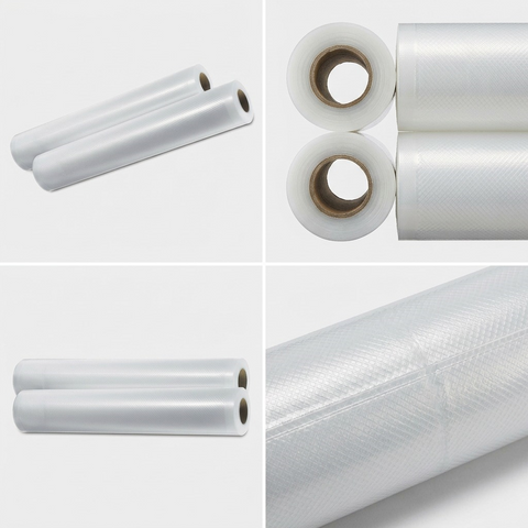 A four-panel grid showing the Foodsaver vacuum Sealer Bag rolls, 2 Pack, from multiple angles: three-quarter, top, front, and a close-up texture shot.