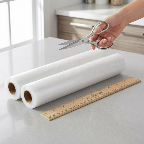 Scale reference photo showing two 11-inch FoodSaver vacuum sealer rolls next to a standard 12-inch ruler.