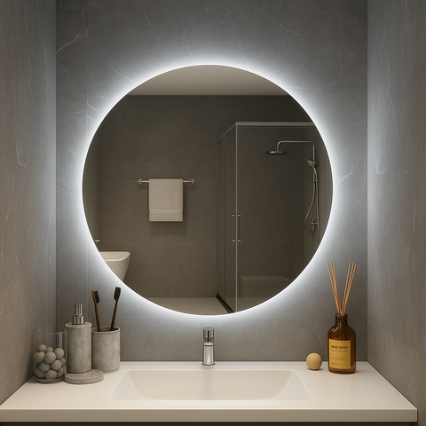 Ondelle Round Backlit LED Bathroom Mirror — Dimmable 3-CCT Halo, Hardwired | 24″, 28″, 32″