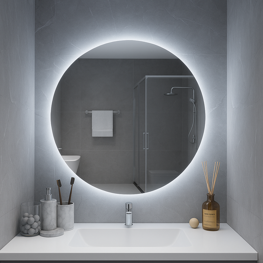 Ondelle Round Backlit LED Bathroom Mirror — Dimmable 3-CCT Halo, Hardwired | 24″, 28″, 32″