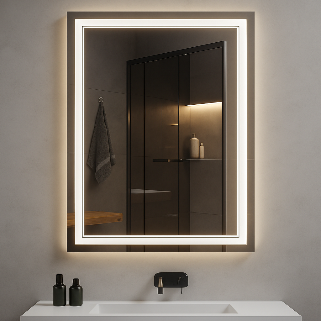 Ondelle Rectangular LED Bathroom Mirror — Frosted Front Perimeter + Backlit Halo, Anti-Fog | 4 Sizes