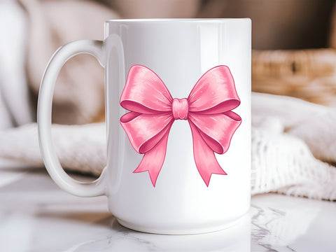Pink Bow 15oz Ceramic Coffee Mug — Cute Coquette Bow Mug, Feminine Coffee Cup, Girly Gift Idea