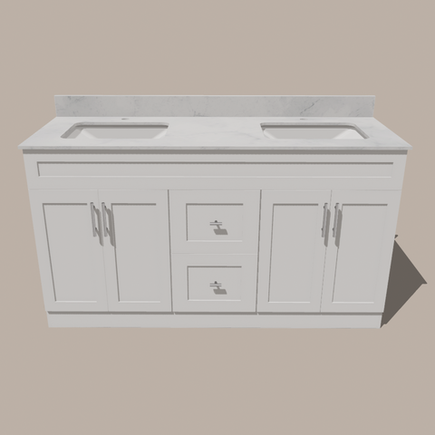 72-Inch Double Sink Shaker Bathroom Vanity — White or Gray | Plywood Cabinet, Solid-Wood Doors, Soft-Close 3-Way Clip-On Hinges | Center 2 Drawers