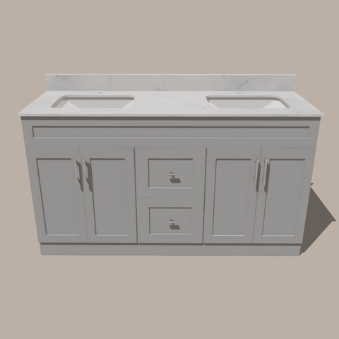 60-Inch Double Sink Shaker Bathroom Vanity — White or Gray | Plywood Cabinet, Solid-Wood Doors, Soft-Close 3-Way Clip-On Hinges | Center Drawers