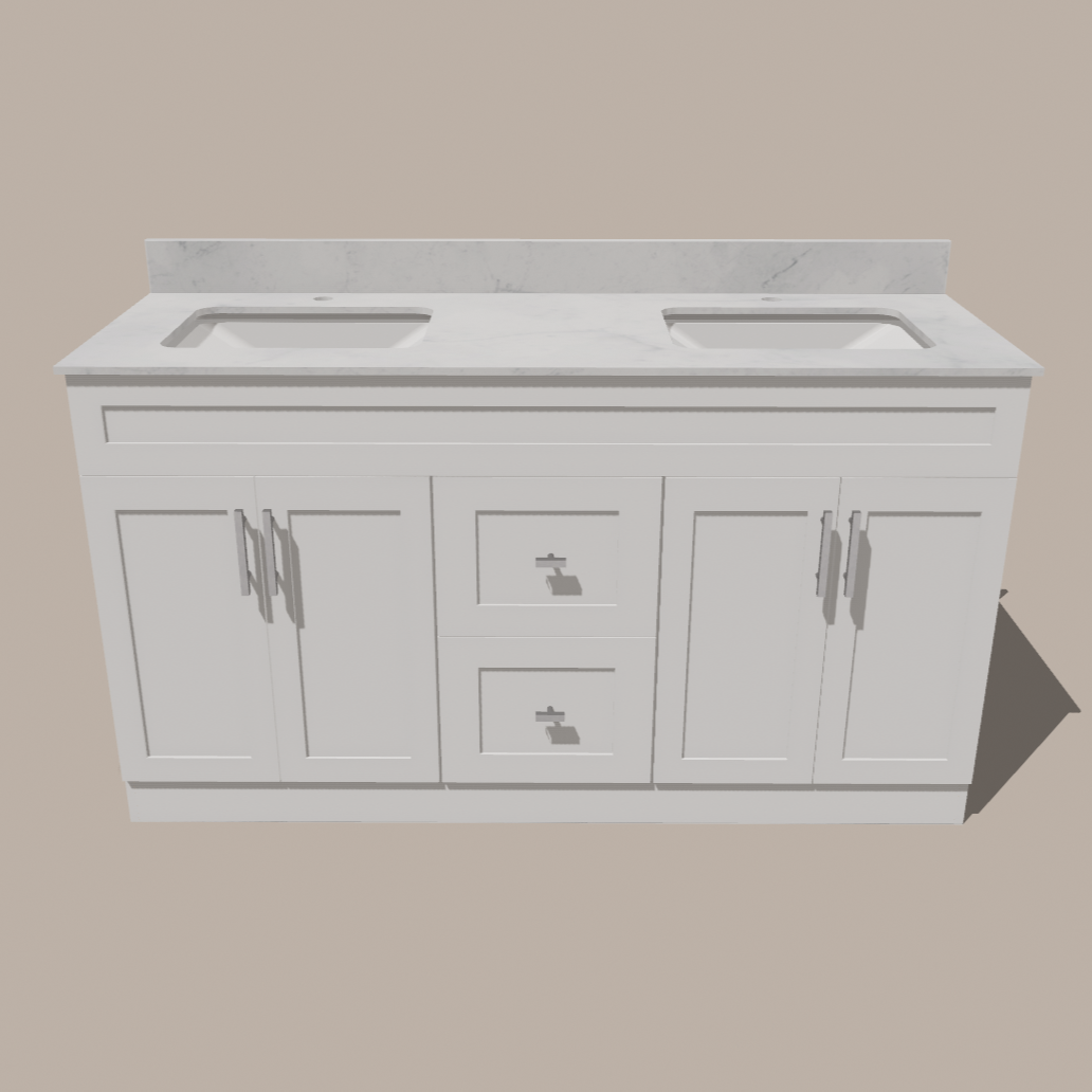 60-Inch Double Sink Shaker Bathroom Vanity — White or Gray | Plywood Cabinet, Solid-Wood Doors, Soft-Close 3-Way Clip-On Hinges | Center Drawers