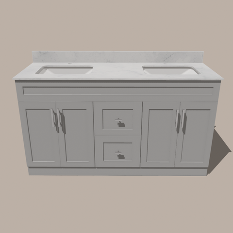 60-Inch Double Sink Shaker Bathroom Vanity — White or Gray | Plywood Cabinet, Solid-Wood Doors, Soft-Close 3-Way Clip-On Hinges | Center Drawers