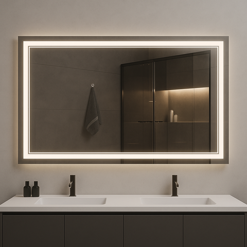 Ondelle Rectangular LED Bathroom Mirror — Frosted Front Perimeter + Backlit Halo, Anti-Fog | 4 Sizes