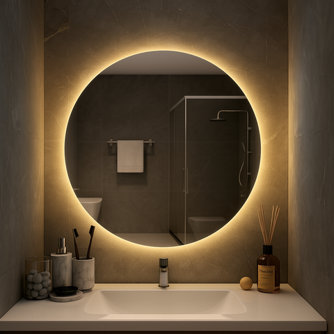 Ondelle Round Backlit LED Bathroom Mirror — Dimmable 3-CCT Halo, Hardwired | 24″, 28″, 32″