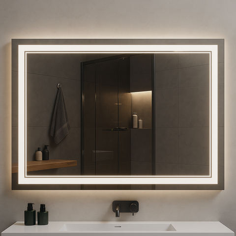 Ondelle Rectangular LED Bathroom Mirror — Frosted Front Perimeter + Backlit Halo, Anti-Fog | 4 Sizes
