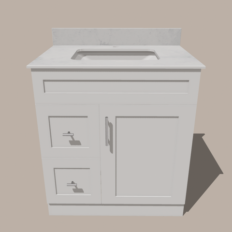 30-Inch Shaker Bathroom Vanity with Drawers — Left or Right | White or Gray | Plywood Cabinet, Solid-Wood Door, Soft-Close 3-Way Clip-On Hinges
