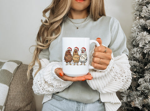 Christmas Chickens | 15oz Ceramic Coffee Mug — Funny Holiday Mug with Chickens