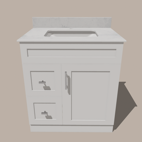 30-Inch Shaker Bathroom Vanity with Drawers — Left or Right | White or Gray | Plywood Cabinet, Solid-Wood Door, Soft-Close 3-Way Clip-On Hinges